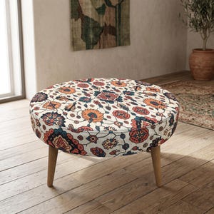 Blue Floral Round Ottoman | Oriental Patterned Footstool | Vintage Tile Low Coffee Table