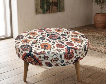 Blue Floral Round Ottoman | Oriental Patterned Footstool | Vintage Tile Low Coffee Table