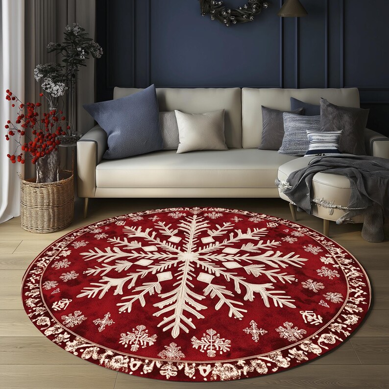 Snowflake Print Rug, Red Round Rug, Lovely Home Decoration, Stain ...