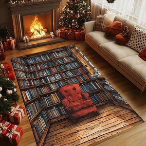 May include: A brown and beige area rug with a cartoon illustration of a bookshelf filled with books and a red armchair. The rug is on a wooden floor in a living room setting.