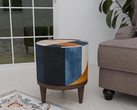 Blue Round Pouf, Ottoman Piano Seat, Vanity Pouf Stool, Entryway