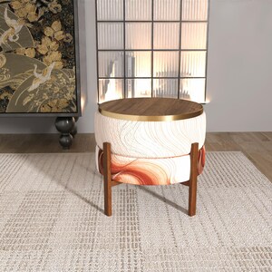 Swirling Marble Reversible Round Pouf | Terracotta Wave Wood Stool