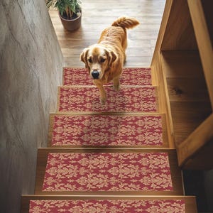 Tapis d'escalier damassé bordeaux doré | Housse de protection classique vintage, RB-2508