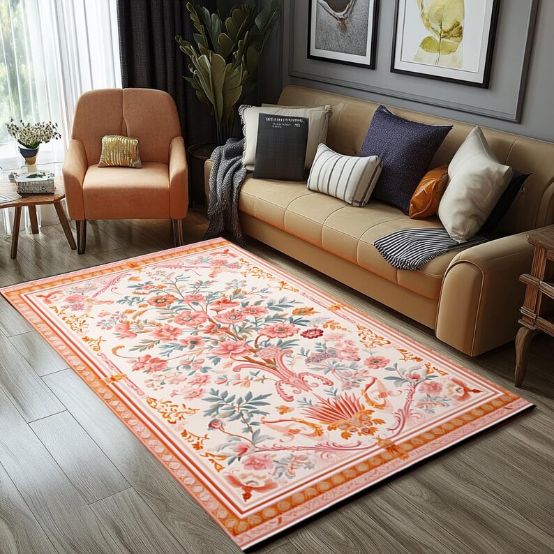 Floral rug, Vintage inspired rug, Pinky rug, Authentic rug, Versatile rug, Surface rug, Washable rug, Latex backing rug, Runner rug, RB-993