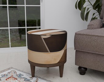 Brown footstool, Elegant round pouf, Ottoman french table, Accent stool piece, Front window seat, Comfortable stool, Designer footrest