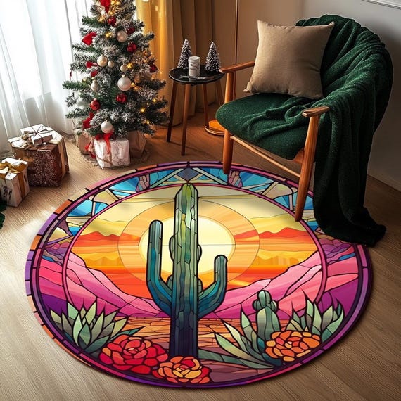 Nature inspired rug, Cactus print rug, Throw rug, Cool rug, Patio rug, Washable rug, Anti slip rug, Modern rug, Low pile rug, RB-851