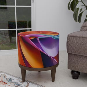 Silky looking pouf, Pop color stool, Vanity footstool, Fireplace seating, Window front pouf, Round footrest, Bedroom pouf stool, Foyer bench