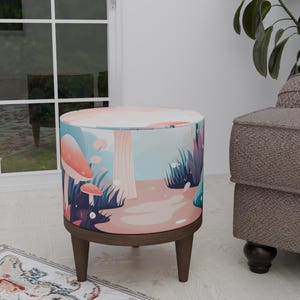 Salmon color stool, Mushroom motif pouf, Soft touch footrest, Entryway shoe stool, Hand crafted bench, Foyer round pouf, Interior decoration