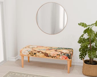 Pfauendruckbank, Gelbe Bank, Blumenbestuhlung, Bank im Vintage-Stil, Ottomane-Beistelltisch, Frontscheibenbank, Kaffeetisch, RB-Bank 1052