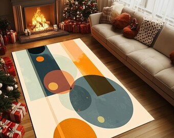 Pode incluir: Tapete geométrico abstrato com círculos sobrepostos em tons de laranja, azul, verde e marrom sobre um fundo creme.