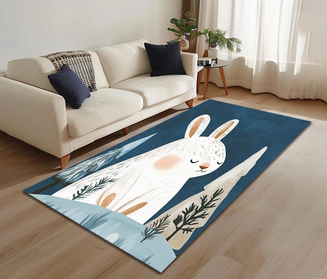 Cute Bunny Print Rug, Minimalist Design Rug, Blue Rug, Boy Room Rug ...