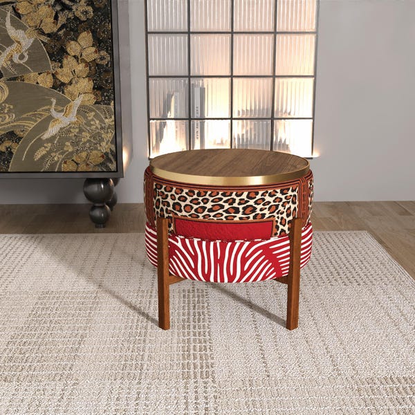 Maximalist Red Leopard Pattern Reversible Pouf | Safari Zebra Wood Stool RB 2088/2141