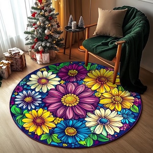 Flower print rug, High traffic area rug, Stain resistant rug, Rustic rug, Everyday circle rug, Thin rug, Living rom rug, Indoor rug, RB-830