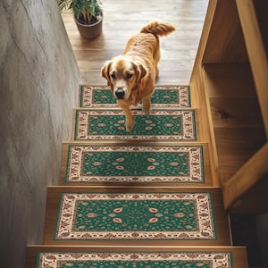 Puede incluir: Un perro Golden Retriever baja por una escalera de madera con alfombras de escalera verdes y beige estampadas. Las alfombras tienen un diseño floral y un borde color crema. Una planta en maceta es visible en la parte superior de la escalera.