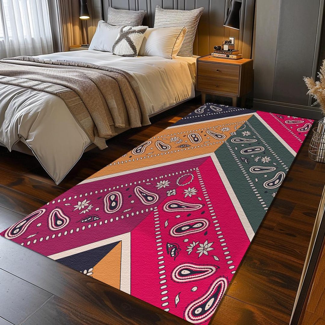 Paisley Bandana Pattern Area Rug | Vibrant Pink Geometric Room Carpet ...