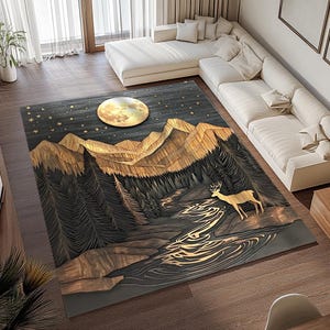 Night themed rug, Moon print rug, Mountain rug, Deer print rug, Dark rug, Washable rug, Movie room rug, Gothic rug, Anti slip rug, RB-654
