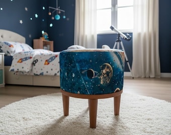 Pouf im Weltraum-Design, stilvolle Wohndekoration, osmanischer Türhocker, runder Schuhhocker, funktionale Poufbank, rustikaler Esstisch, Flurhocker