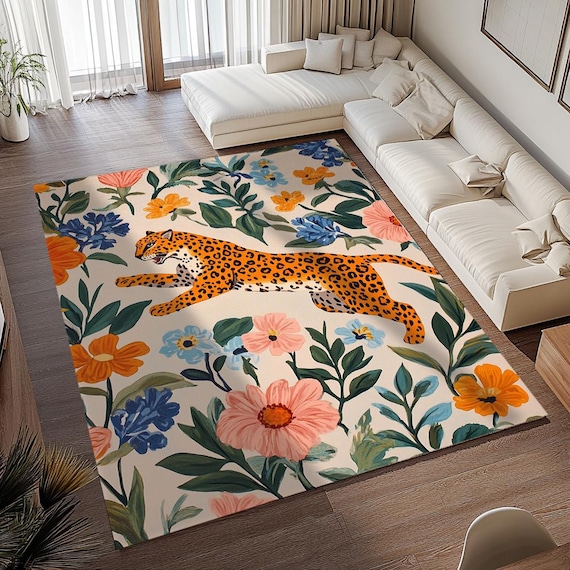 Leopard print rug, Jungle rug, Illustrated rug, Wild flower rug, Anti slip rug, Living room rug, Washable rug, Everyday use rug, RB-807