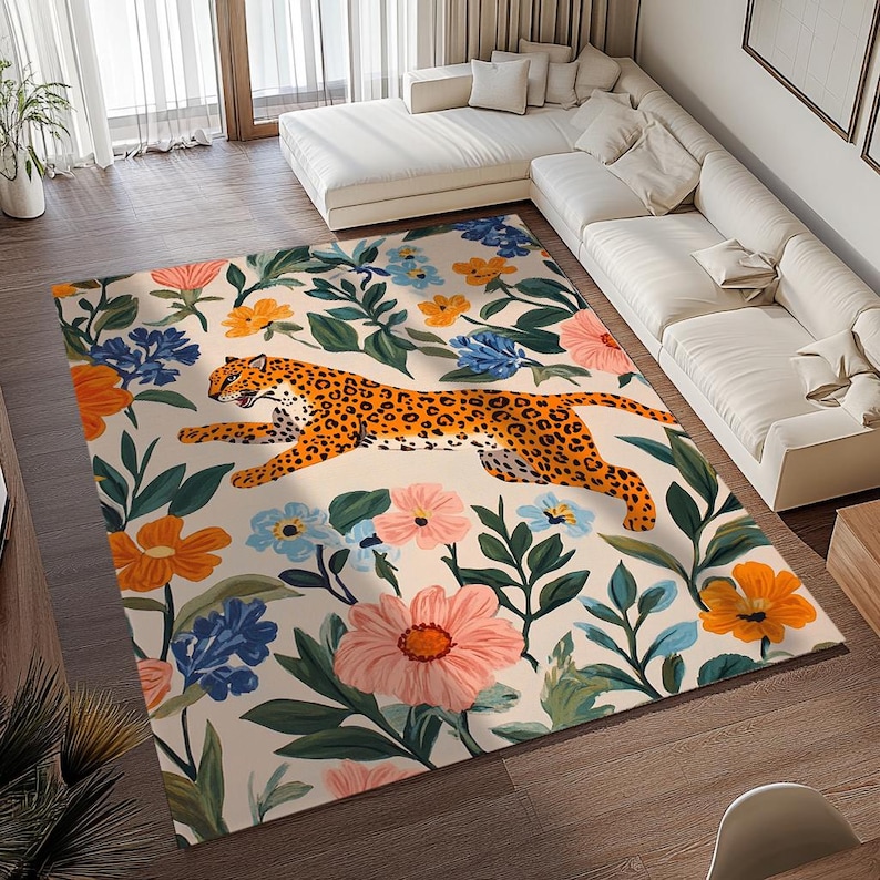Leopard print rug, Jungle rug, Illustrated rug, Wild flower rug, Anti slip rug, Living room rug, Washable rug, Everyday use rug, RB-807