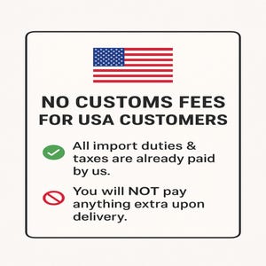 a sign stating "NO CUSTOMS FEES FOR USA CUSTOMERS" with a green checkmark and a red prohibition sign.