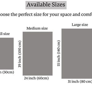 May include: Image displays three rectangular gray shapes labeled with size descriptions: Small, Medium, and Large. Each size is accompanied by dimensions in inches and centimeters. The text "Available Sizes" and "Choose the perfect size for your space and comfort" are also present.