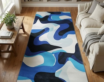 Blue abstract rug modern wave pattern area rug for living room navy and white contemporary home decor, RB-08