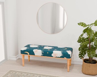 Night theme bench, Sheep print bench, Glamory bench, Cute pouf stool, Long ottoman bench, Portable bench, Indoor bench seat, RB bench 1016