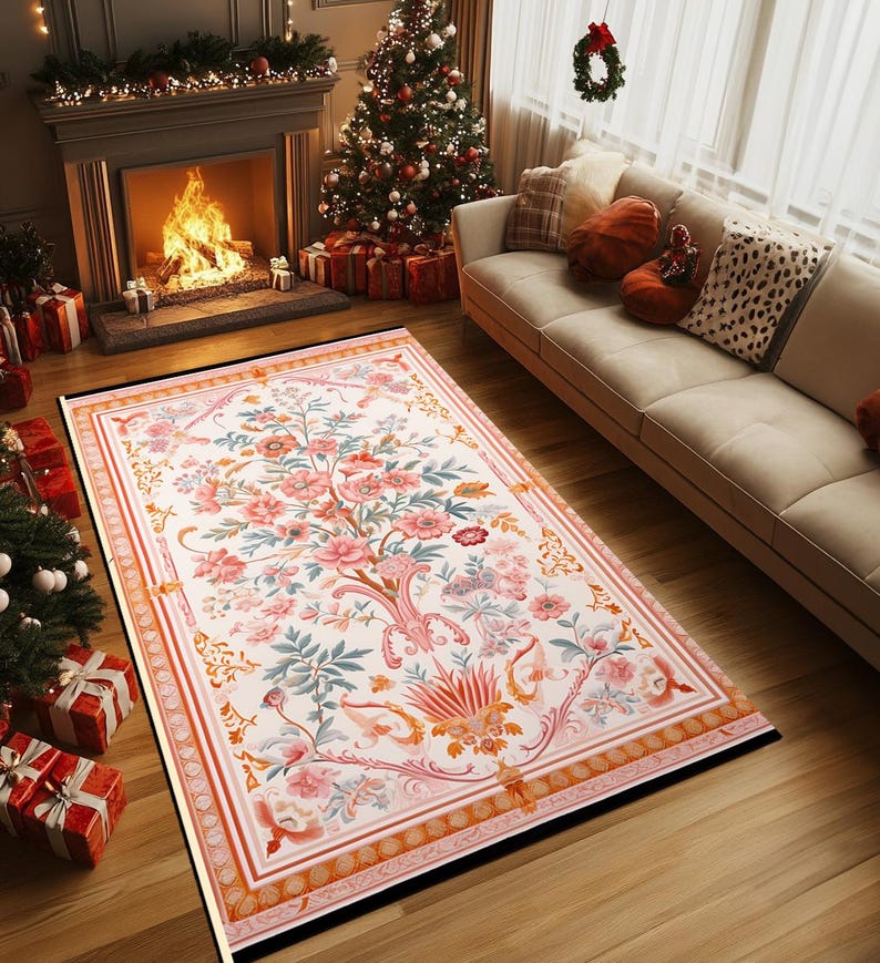 Floral rug, Vintage inspired rug, Pinky rug, Authentic rug, Versatile rug, Surface rug, Washable rug, Latex backing rug, Runner rug, RB-993