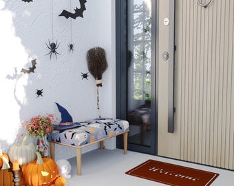 Haunted bench, Bat print pouf, Chair with pumpkin, Gift for new home, Halloween furniture, Eclectic bench, Ottoman organizer, RB bench 1870