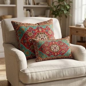 Copricuscini Kilim turchi color turchese e ruggine, decoro etnico lavabile su entrambi i lati, RB-2227