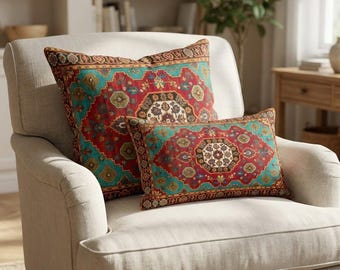 Turquoise and Rust Turkish Kilim Pillow Covers, Double Sided Washable Ethnic Decor, RB-2227