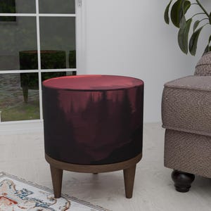 Burgundy footstool, Forest pattern bench, Round kitchen chair, Ottoman shoe pouf, Handmade footstool, Modern home decor, Holiday home decor