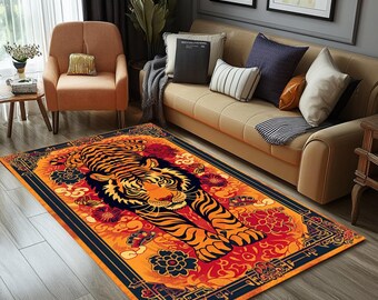 Alfombras con estampado de tigre, regalo para un nuevo hogar, alfombra de estilo rústico, alfombra de lujo, alfombra lavable, alfombra antideslizante, alfombra para dormitorio, alfombra bohemia, alfombra naranja, RB-504