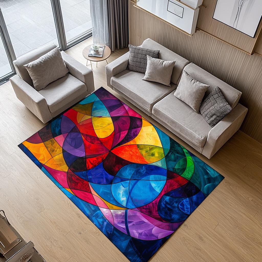 Many Circles Rug Colorful Abstract Circles Rug, Modern Bedroom Carpet, Washable ...