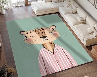 Leopard print rug, Cute design rug, Pastel color rug, Non slip back rug, Easy to care rug, Comfort rug, Floor covering rug, Cozy rug, RB-959
