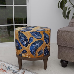 Leaf motif stool, Luxury round bench, Footrest for saloon, Ottoman tea table, Round kitchen chair, Premium pouf stool, Bohemian decoration