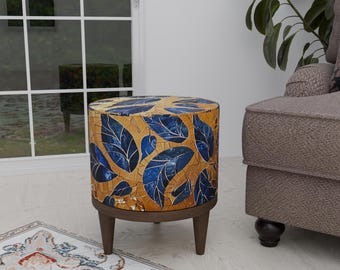 Leaf motif stool, Luxury round bench, Footrest for saloon, Ottoman tea table, Round kitchen chair, Premium pouf stool, Bohemian decoration