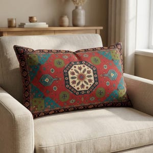 Rust and teal tribal lumbar pillow cover with hexagon patterns for living room, RB-2203