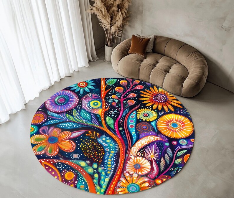 Light color rug, Round rug, Rustic rug, Botanical rug, Movie room rug, Eclectic rug, Utility home decoration rug, Bright area rug, RB-235