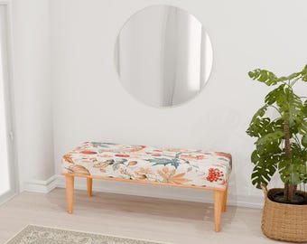 Botanical bench, Bird print bench, Fall theme bench, Durable furniture, Ottoman mid table, Cushioned bench, Piano bench, RB bench 747