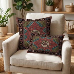 Muted terracotta cushion case featuring olive green floral medallion patterns for classic home, RB-2180