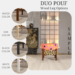 a living room with a unique and colorful ottoman, featuring a leopard print pattern. The ottoman is placed in front of a bookshelf, which has a glass door. The image also includes a color swatch for the ottoman, showcasing different wood leg colors, such as oak, white, black, and pink.