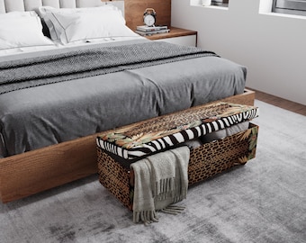 Leopard Print Storage Ottoman Bench, Tropical Upholstered Bench with Zebra Accent for Bedroom or Entryway RB 2106