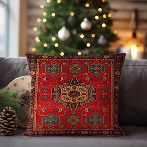 Vibrant red turkish lumbar pillow cover with tribal medallion print for bed, RB-2197