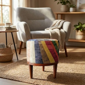 Unique print footstool, Round foot pouf, Boho saloon stool, Farmhouse decoration, Comfortable footrest, Soft color furniture, Neutral stool