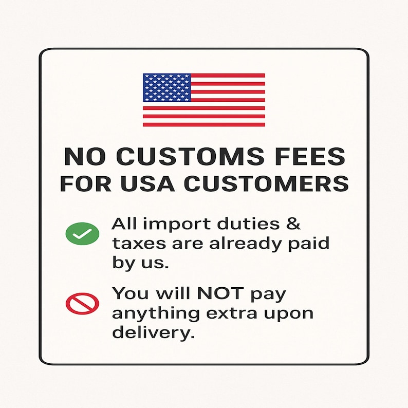 a sign stating "NO CUSTOMS FEES FOR USA CUSTOMERS" with a green checkmark and a red prohibition sign.