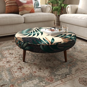 Tropical Palm Leaf Coffee Table | Botanical Print Low Accent Stool | Padded Jungle Room Bench
