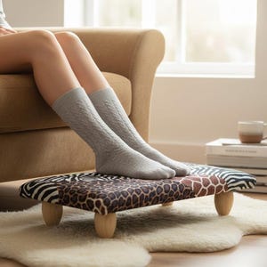 Mixed Safari Animal Print Footrest Padded Seat | Exotic Patchwork Stool, RB-2394