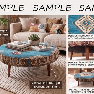 The image is a collage of three photos showcasing a round coffee table with a blue and brown patterned fabric top, a wooden base, and a cozy vibe. The table is accompanied by a potted plant, a book, and a glass, creating a cozy and inviting atmosphere. The collage highlights the unique textile artistry of the coffee table and emphasizes its premium quality, easy installation, and ideal 35" diameter.