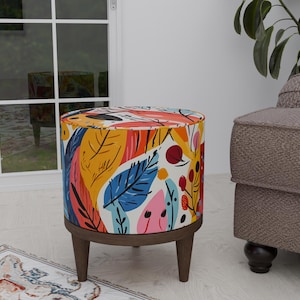 Round footstool, Ottoman pouf, Foyer footrest, Colorful stool, Poufy round bench, Fireside seating, Round piano seat, Kitchen chair stool
